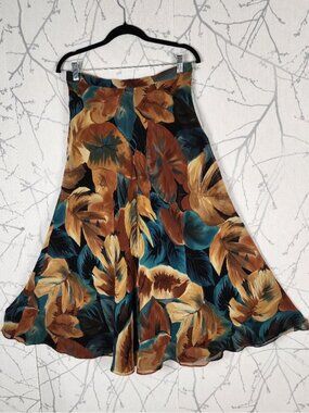 Jones New York Abstract Leaves Print 100% Silk Flowy Maxi Skirt